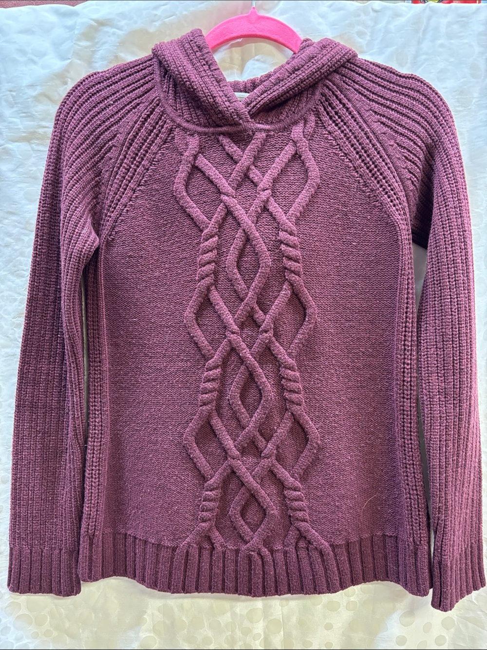 Athleta Women’s Merino Cold Spell Hoodie  Cable-Knit Sweater in burgundy